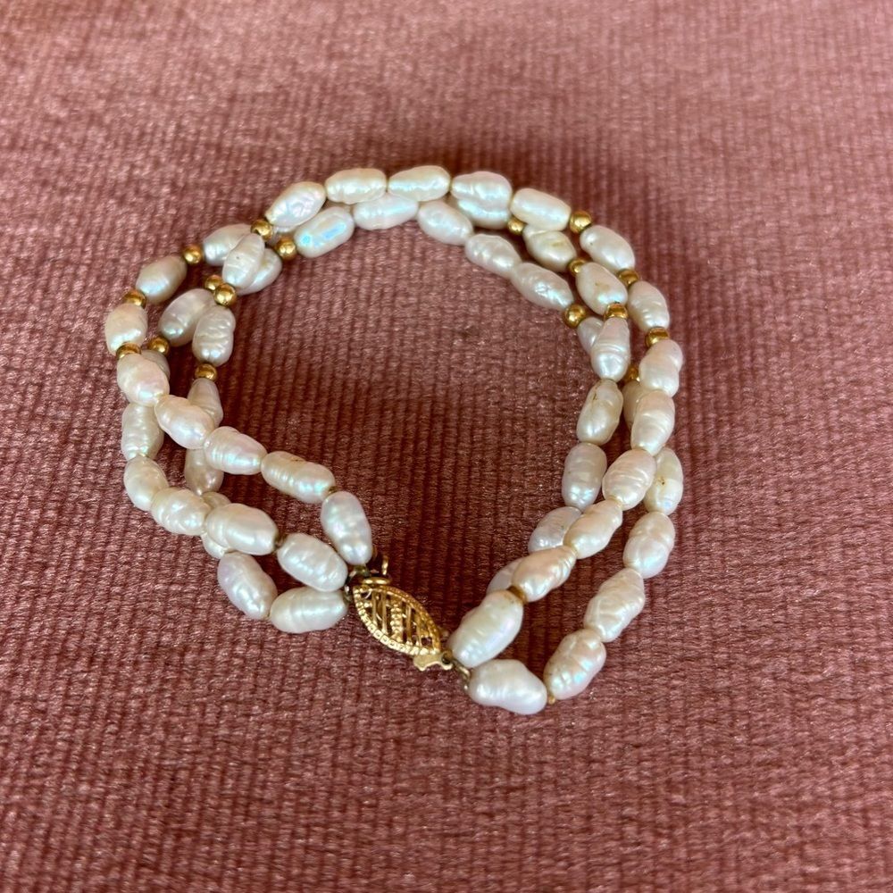 Freshwater Pearl Bracelet 14K Gold Clasp | Triple Strand | Vintage